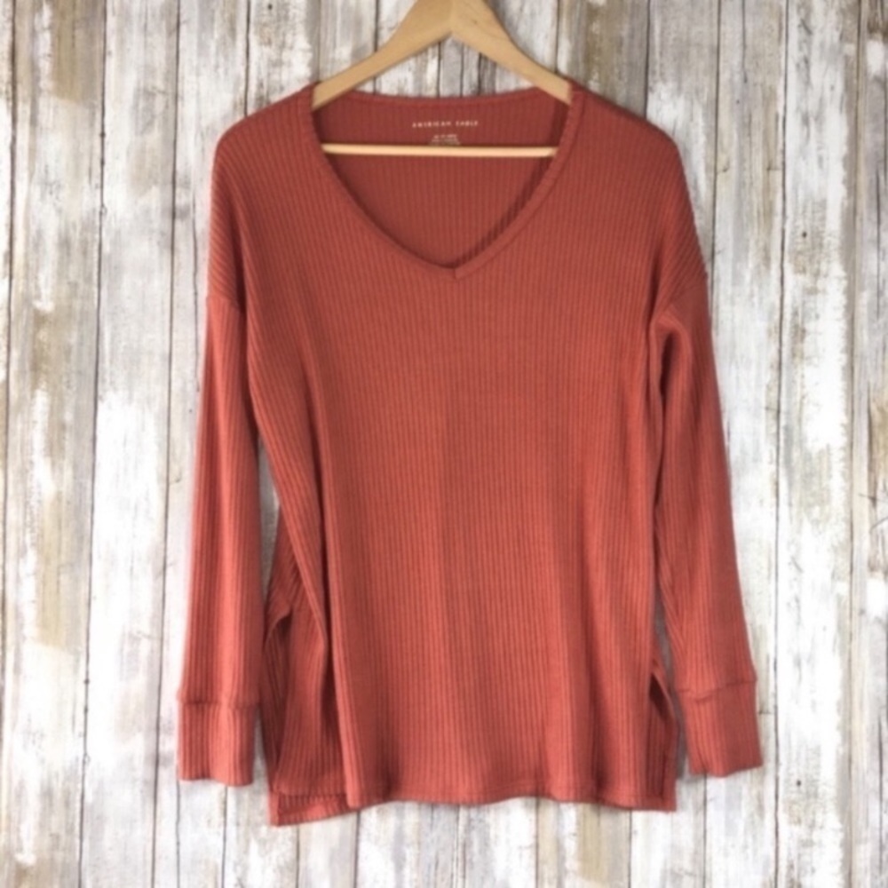 American Eagle Rose Ribbed Oversized Long Sleeve V Neck - Picture 8 of 8